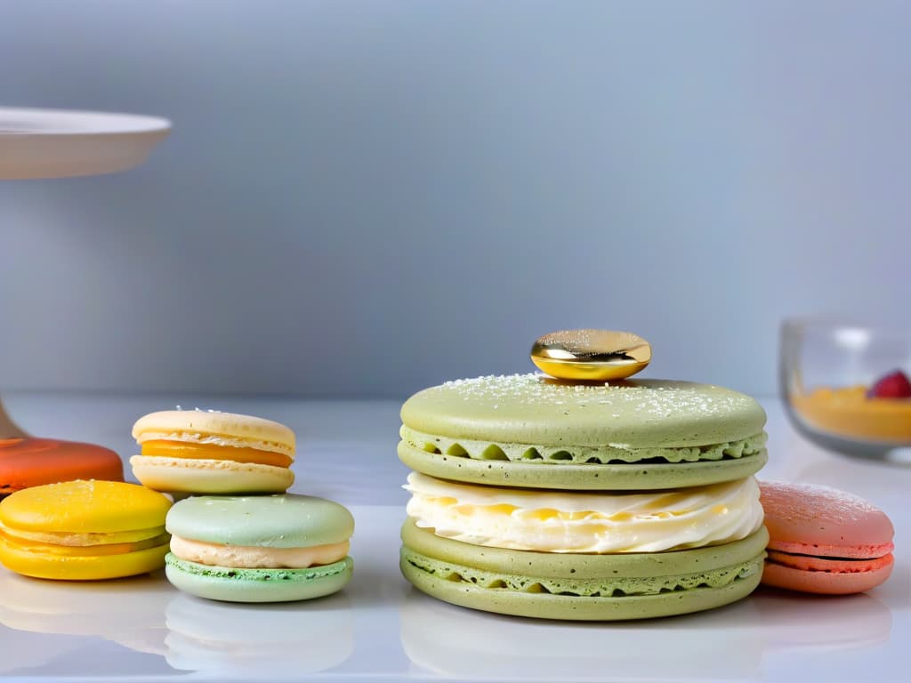  An ultradetailed photorealistic image of a pristine kitchen counter adorned with a variety of colorful glutenfree macarons arranged in a perfect gradient, showcasing their delicate shells and luscious fillings. The macarons are elegantly dusted with shimmering edible gold dust, surrounded by scattered ingredients like almond flour and egg whites, with a gleaming stand mixer and piping bags in the background, hinting at the meticulous process of creating these delectable treats. The image captures the essence of precision and artistry required to master the craft of glutenfree macarons. hyperrealistic, full body, detailed clothing, highly detailed, cinematic lighting, stunningly beautiful, intricate, sharp focus, f/1. 8, 85mm, (centered image composition), (professionally color graded), ((bright soft diffused light)), volumetric fog, trending on instagram, trending on tumblr, HDR 4K, 8K