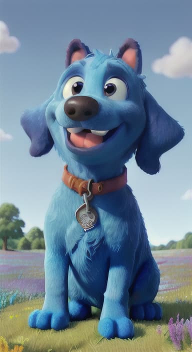  {A happy, big blue dog wagging its tail in a colorful meadow, The big blue dog is large with sky blue fur, big round eyes, a black nose, and floppy ears.