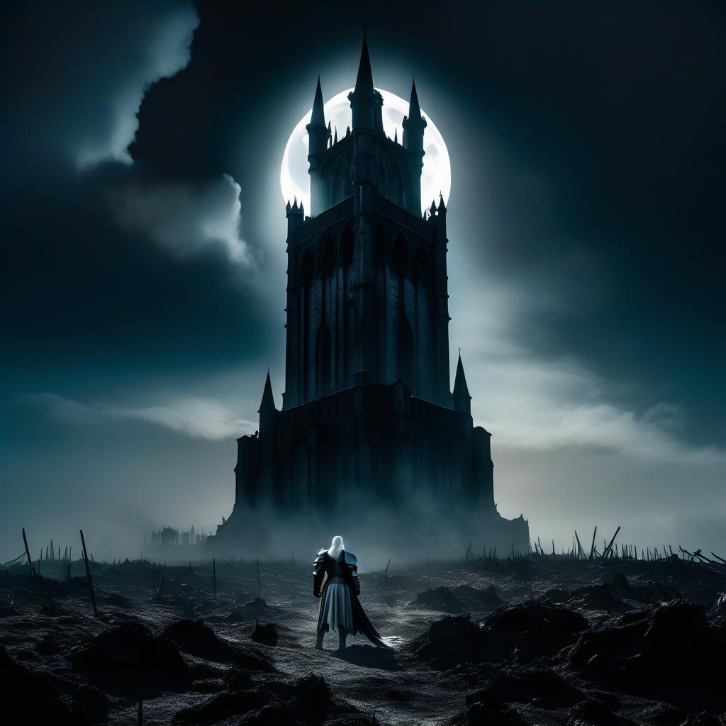  dystopian style Scene, close up, bird's eye view, in the lower right corner stands a black gothic tower with a balcony, on which a girl in a white dress, with white hair and bare feet, is standing. From the upper left corner, along the dark charred black field, a knight in black armor is galloping towards the tower. This all happens at night under a full moon. In the frame, there should be a knight in black armor. . bleak, post apocalyptic, somber, dramatic, highly detailed hyperrealistic, full body, detailed clothing, highly detailed, cinematic lighting, stunningly beautiful, intricate, sharp focus, f/1. 8, 85mm, (centered image composition), (professionally color graded), ((bright soft diffused light)), volumetric fog, trending on instagram, trending on tumblr, HDR 4K, 8K