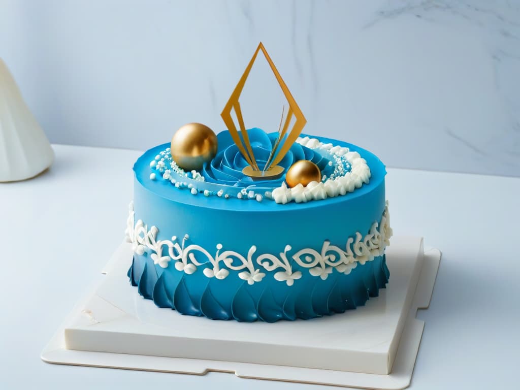  An intricately designed cake featuring a futuristic, sleek, and minimalistic aesthetic, adorned with edible metallic accents and geometric patterns. The cake is displayed on a pristine white marble background, showcasing its innovative design and modern twist on traditional pastry artistry. hyperrealistic, full body, detailed clothing, highly detailed, cinematic lighting, stunningly beautiful, intricate, sharp focus, f/1. 8, 85mm, (centered image composition), (professionally color graded), ((bright soft diffused light)), volumetric fog, trending on instagram, trending on tumblr, HDR 4K, 8K