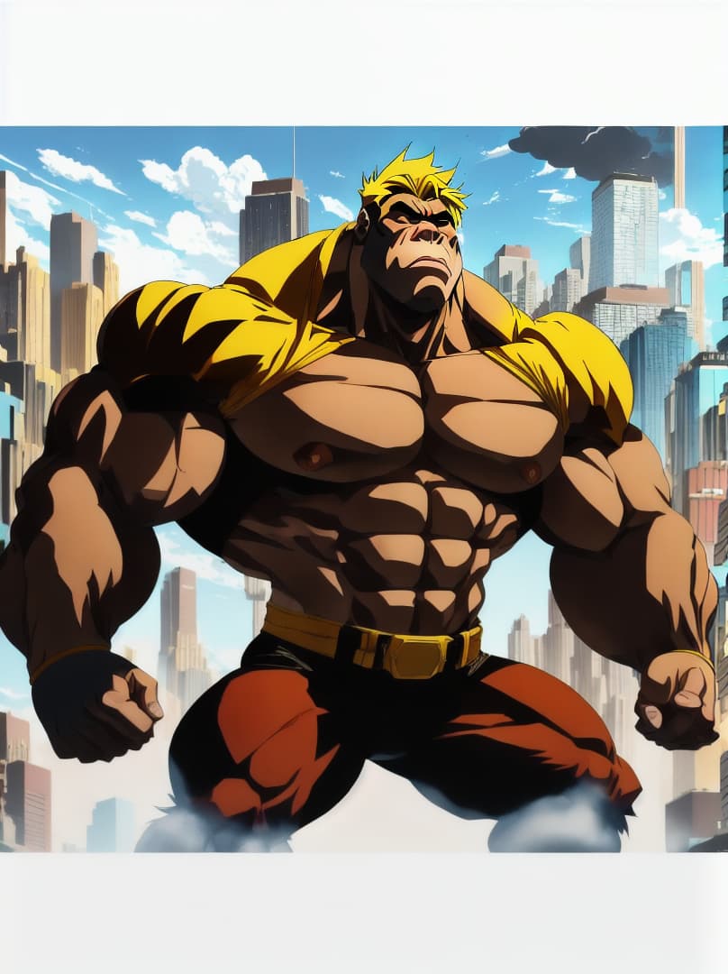  , anime-style illustration of a gorilla with extreme muscular development, in a dynamic pose that captures a 'roid rage'.<lora:chad97qi:0.07655424501345531><lora:yellow-family:0.25172963598036135><lora:octoghibli:0.8723620831649697><lora:ae-t-pagepal:0.23817375049702716> hyperrealistic, full body, detailed clothing, highly detailed, cinematic lighting, stunningly beautiful, intricate, sharp focus, f/1. 8, 85mm, (centered image composition), (professionally color graded), ((bright soft diffused light)), volumetric fog, trending on instagram, trending on tumblr, HDR 4K, 8K