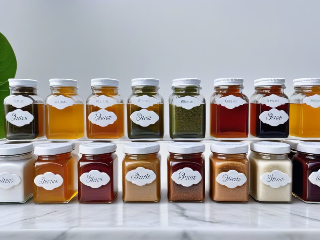  An ultradetailed closeup image of a variety of natural sweeteners neatly arranged in small glass jars on a clean, white marble countertop. Each jar is labeled with elegant calligraphy indicating the type of sweetener inside, showcasing a range from honey and maple syrup to coconut sugar and stevia. The natural light streaming in illuminates the grains and textures of the sweeteners, creating a visually appealing and informative composition for the article on choosing the right natural sweetener for different desserts. hyperrealistic, full body, detailed clothing, highly detailed, cinematic lighting, stunningly beautiful, intricate, sharp focus, f/1. 8, 85mm, (centered image composition), (professionally color graded), ((bright soft diffused light)), volumetric fog, trending on instagram, trending on tumblr, HDR 4K, 8K