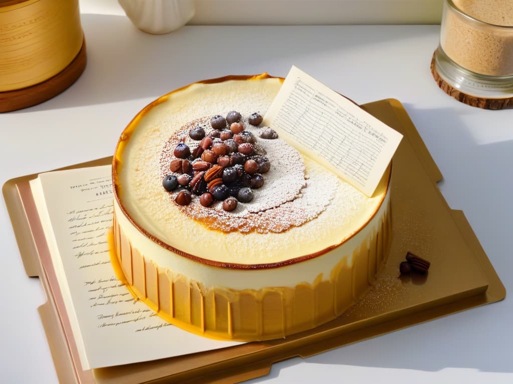  A closeup, ultradetailed image of a vintage, weathered recipe book open on a page with handwritten notes and splatters of batter, showcasing a traditional recipe for a classic dessert like flan or tiramisu. The page is aged with yellowing edges, and the handwritten notes are in elegant script, adding a personal touch to the historical culinary treasure displayed in the image. The background is blurred, emphasizing the meticulous details of the wellloved recipe book. hyperrealistic, full body, detailed clothing, highly detailed, cinematic lighting, stunningly beautiful, intricate, sharp focus, f/1. 8, 85mm, (centered image composition), (professionally color graded), ((bright soft diffused light)), volumetric fog, trending on instagram, trending on tumblr, HDR 4K, 8K