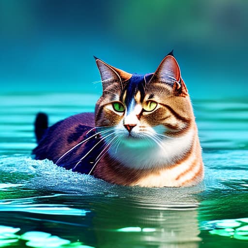 mdjrny-v4 style a cute cat is swimming on the lake, high quality hyperrealistic, full body, detailed clothing, highly detailed, cinematic lighting, stunningly beautiful, intricate, sharp focus, f/1. 8, 85mm, (centered image composition), (professionally color graded), ((bright soft diffused light)), volumetric fog, trending on instagram, trending on tumblr, HDR 4K, 8K