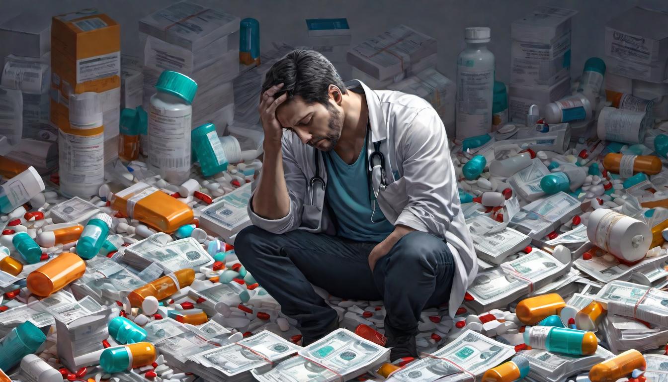  digital illustration A figure hunched over in despair amidst a backdrop of cluttered medical bills and pills, symbolizing the surge in health crises, overwhelmed, searching looking at viewer, dynamic pose, (intricate details, masterpiece, best quality)