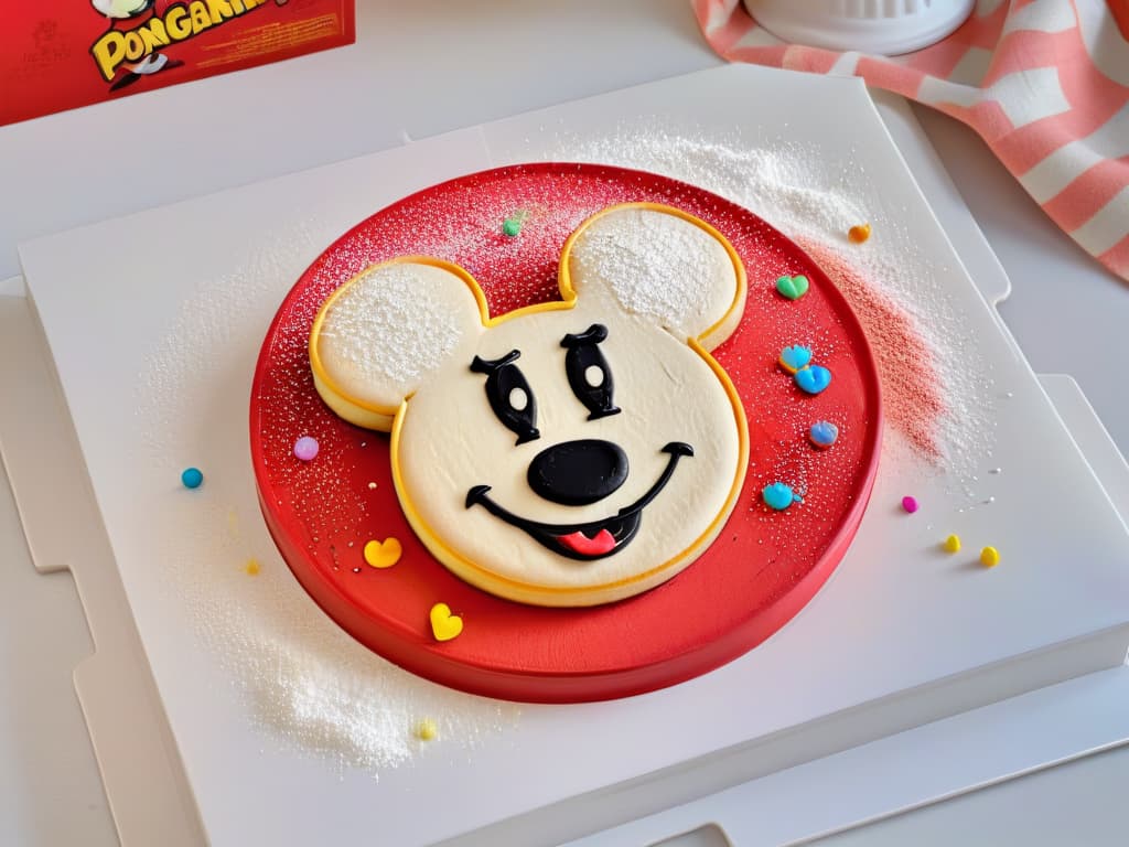  A highresolution image featuring a sleek, minimalistic design of a vibrant red Mickey Mouseshaped cookie cutter surrounded by colorful sprinkles and a dusting of flour on a clean, white marble countertop. The focus is on the intricate details of the cookie cutter, showcasing its Disney authenticity and whimsical charm. hyperrealistic, full body, detailed clothing, highly detailed, cinematic lighting, stunningly beautiful, intricate, sharp focus, f/1. 8, 85mm, (centered image composition), (professionally color graded), ((bright soft diffused light)), volumetric fog, trending on instagram, trending on tumblr, HDR 4K, 8K