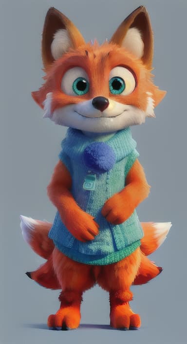  {Error the fox pressing the blue button with his paw, looking puzzled as nothing occurs., Error is a small, bright orange fox with a fluffy tail and big, inquisitive eyes. He has a mischievous yet kind expression and wears a tiny green scarf.