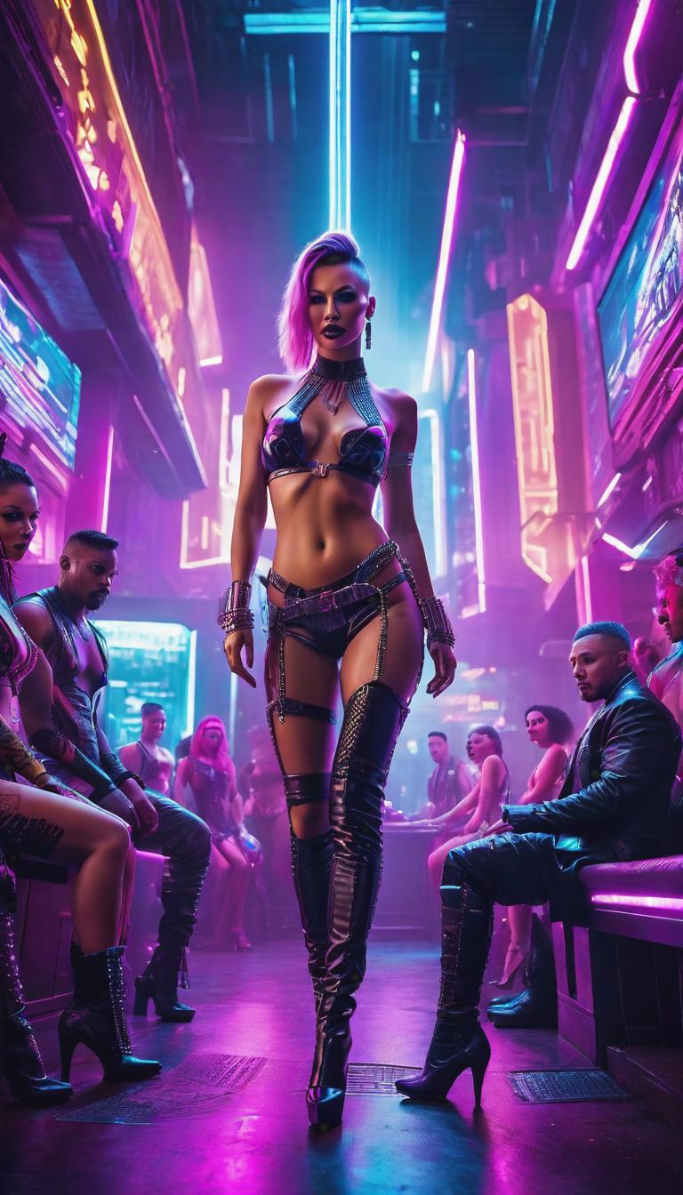  Cyberpunk style depiction of Strippers. The scene is set in a world where technology has advanced, but society and human conditions have not, creating a gritty, dystopian atmosphere. hyperrealistic, full body, detailed clothing, highly detailed, cinematic lighting, stunningly beautiful, intricate, sharp focus, f/1. 8, 85mm, (centered image composition), (professionally color graded), ((bright soft diffused light)), volumetric fog, trending on instagram, trending on tumblr, HDR 4K, 8K