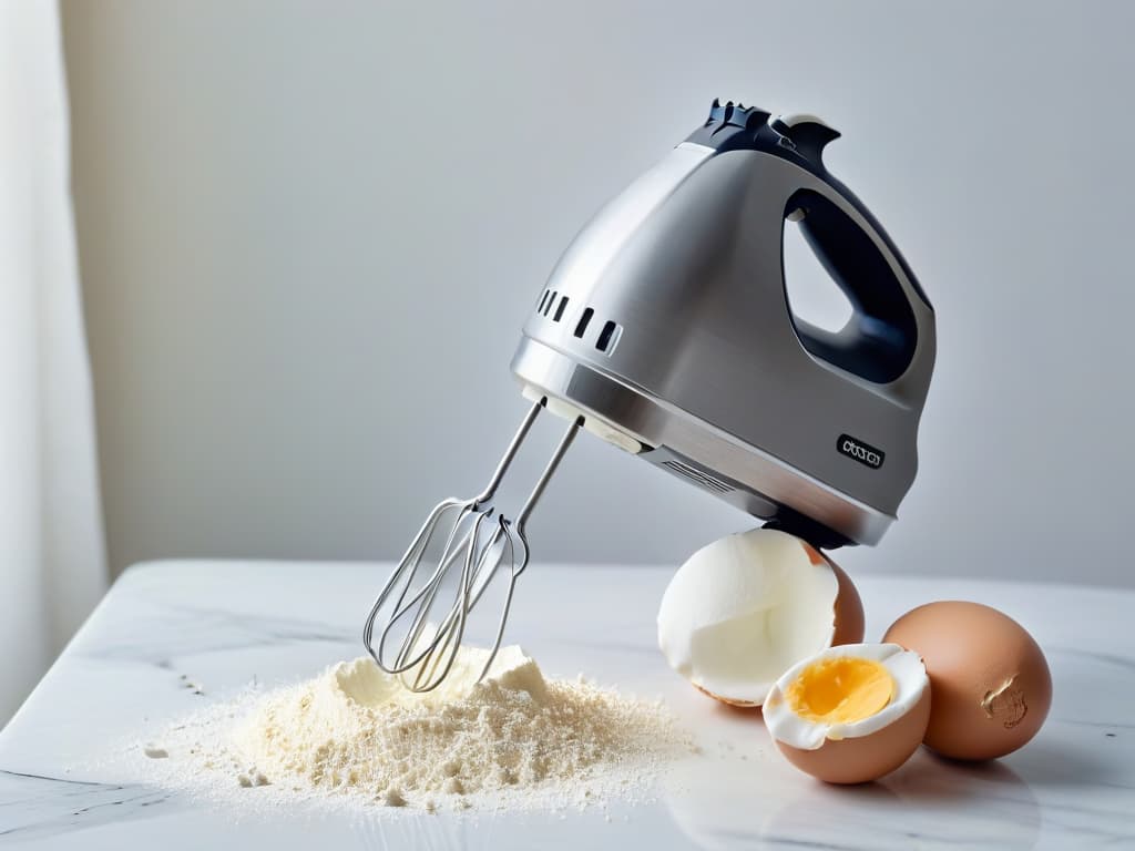  A highly detailed closeup image of a vintage hand mixer, showcasing its sleek chrome finish and intricate mechanical details under soft, diffused lighting. The mixer is sitting on a pristine marble countertop, surrounded by a scattering of flour dust and a few cracked eggshells, evoking a sense of nostalgia and craftsmanship in wartime baking. hyperrealistic, full body, detailed clothing, highly detailed, cinematic lighting, stunningly beautiful, intricate, sharp focus, f/1. 8, 85mm, (centered image composition), (professionally color graded), ((bright soft diffused light)), volumetric fog, trending on instagram, trending on tumblr, HDR 4K, 8K