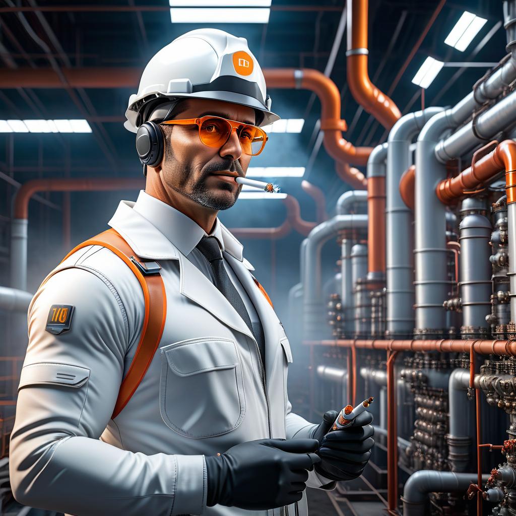  professional 3d model A man engineer, with a cigarette, in glasses, a white outfit, orange boots, future, thermal power station, pipes . octane render, highly detailed, volumetric, dramatic lighting hyperrealistic, full body, detailed clothing, highly detailed, cinematic lighting, stunningly beautiful, intricate, sharp focus, f/1. 8, 85mm, (centered image composition), (professionally color graded), ((bright soft diffused light)), volumetric fog, trending on instagram, trending on tumblr, HDR 4K, 8K