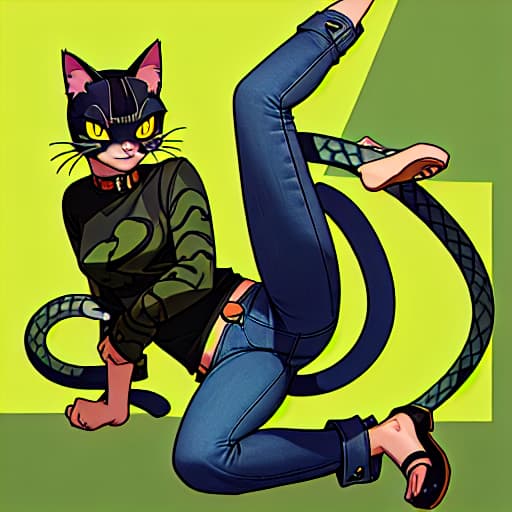  a cat with snake eyes wearing jeans