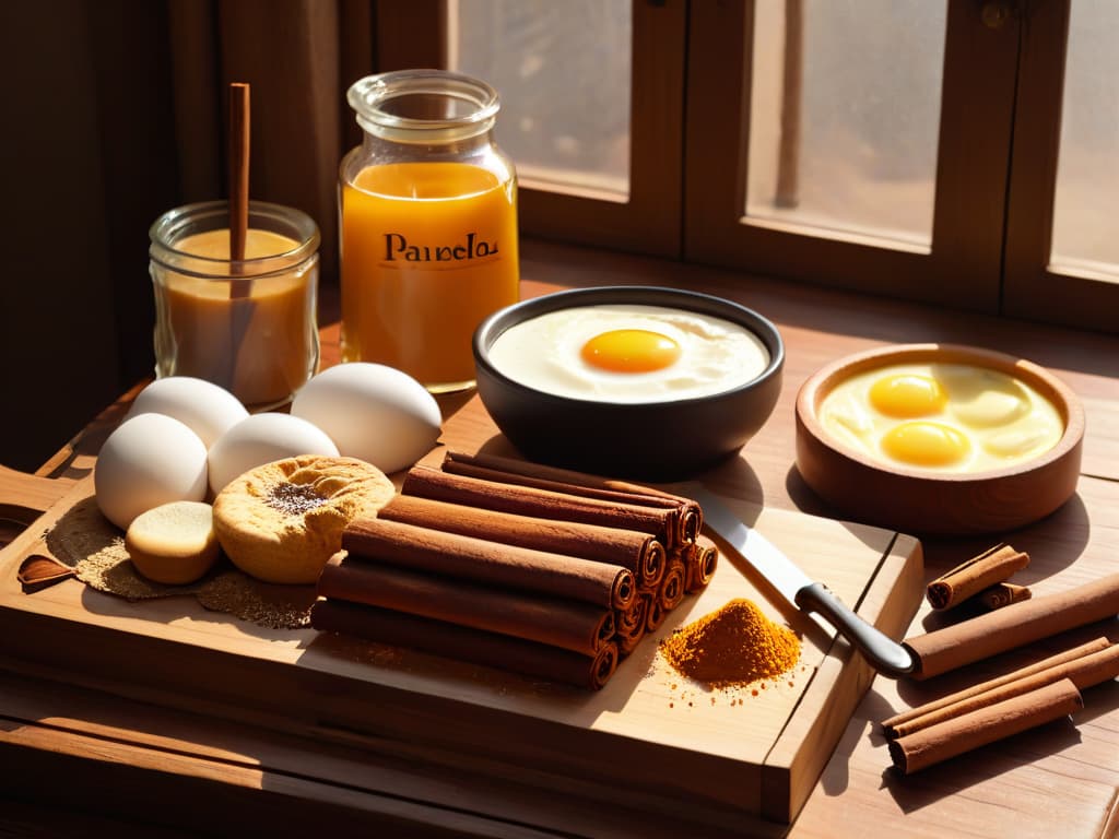  A highresolution, ultradetailed image of a rustic wooden table adorned with an assortment of traditional baking ingredients such as panela, cinnamon sticks, vanilla beans, and eggs. Sunlight filters through a nearby window, casting a warm glow on the ingredients, highlighting their textures and earthy colors. The minimalistic composition focuses on the natural beauty of the elements, evoking a sense of tradition and authenticity in traditional baking. hyperrealistic, full body, detailed clothing, highly detailed, cinematic lighting, stunningly beautiful, intricate, sharp focus, f/1. 8, 85mm, (centered image composition), (professionally color graded), ((bright soft diffused light)), volumetric fog, trending on instagram, trending on tumblr, HDR 4K, 8K