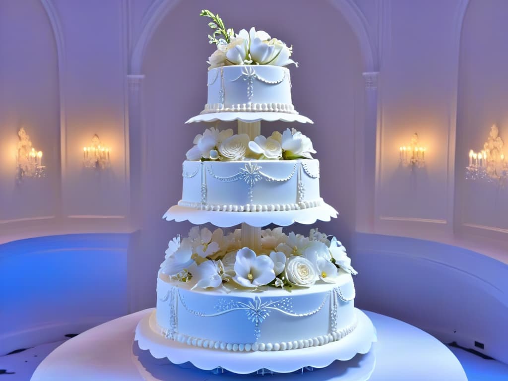  A closeup, ultradetailed image of a stunning threetier wedding cake created by Sylvia Weinstock, showcasing intricate lacelike details piped with precision and delicate sugar flowers cascading down the sides. The cake gleams under soft lighting, highlighting its elegant design and flawless craftsmanship. hyperrealistic, full body, detailed clothing, highly detailed, cinematic lighting, stunningly beautiful, intricate, sharp focus, f/1. 8, 85mm, (centered image composition), (professionally color graded), ((bright soft diffused light)), volumetric fog, trending on instagram, trending on tumblr, HDR 4K, 8K