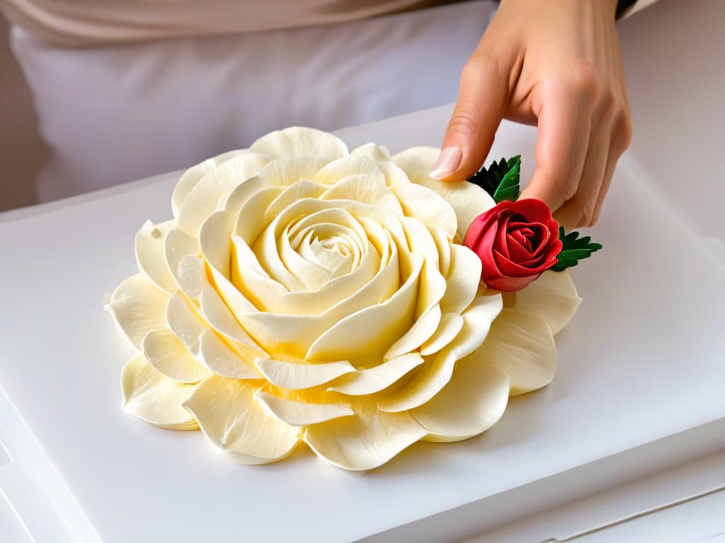  A closeup, ultradetailed image of a baker's hand skillfully crafting delicate roseshaped decorations out of recycled pastry scraps, showcasing the artistry and sustainability of upcycling in pastry making. The intricate details of the petals and the baker's meticulous hand movements highlight the creative and ecofriendly approach to pastry decoration. hyperrealistic, full body, detailed clothing, highly detailed, cinematic lighting, stunningly beautiful, intricate, sharp focus, f/1. 8, 85mm, (centered image composition), (professionally color graded), ((bright soft diffused light)), volumetric fog, trending on instagram, trending on tumblr, HDR 4K, 8K