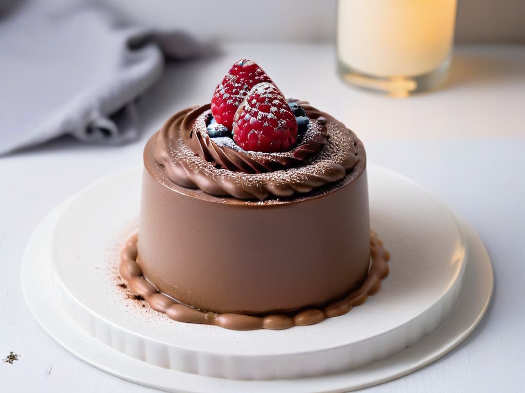  A closeup, ultradetailed image of a decadent chocolate avocado mousse in a sleek, modern glass dessert cup. The mousse is smooth and glossy, topped with a sprinkle of unsweetened cocoa powder and a fresh raspberry. The background is softly blurred to keep the focus on the rich textures of the dessert, highlighting its indulgent yet healthy nature. hyperrealistic, full body, detailed clothing, highly detailed, cinematic lighting, stunningly beautiful, intricate, sharp focus, f/1. 8, 85mm, (centered image composition), (professionally color graded), ((bright soft diffused light)), volumetric fog, trending on instagram, trending on tumblr, HDR 4K, 8K