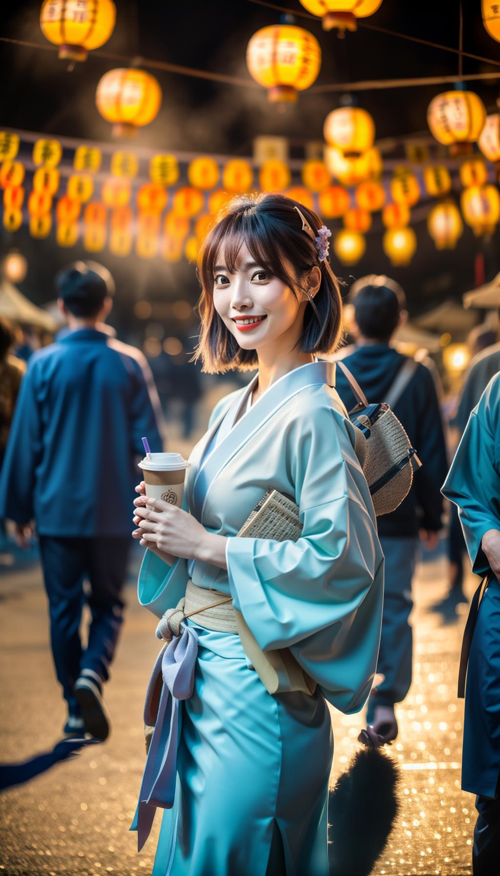  A photorealistic image of a beautiful slim young Japanese woman, with medium length milk tea beige hair with bangs. She is smiling and making a peace sign in front of the lanterns at a summer festival, wearing a light blue kimono. hyperrealistic, full body, detailed clothing, highly detailed, cinematic lighting, stunningly beautiful, intricate, sharp focus, f/1. 8, 85mm, (centered image composition), (professionally color graded), ((bright soft diffused light)), volumetric fog, trending on instagram, trending on tumblr, HDR 4K, 8K