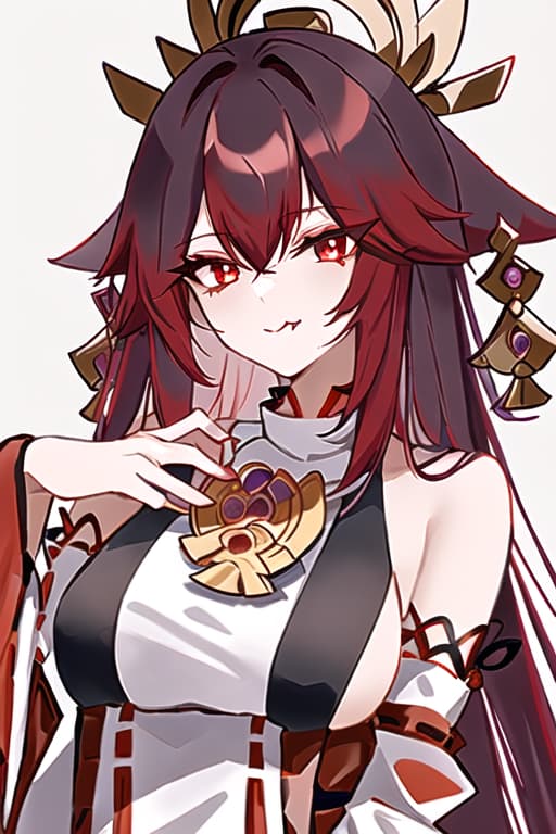  black hair with red fade,young,piercing red eyes,black choker with a red gem,kitsune,vampire,black tails with red tips,(yae miko:1.3), (masterpiece), (highest quality), (intricate), (high detail),women, masterpiece, best quality, high quality, solo