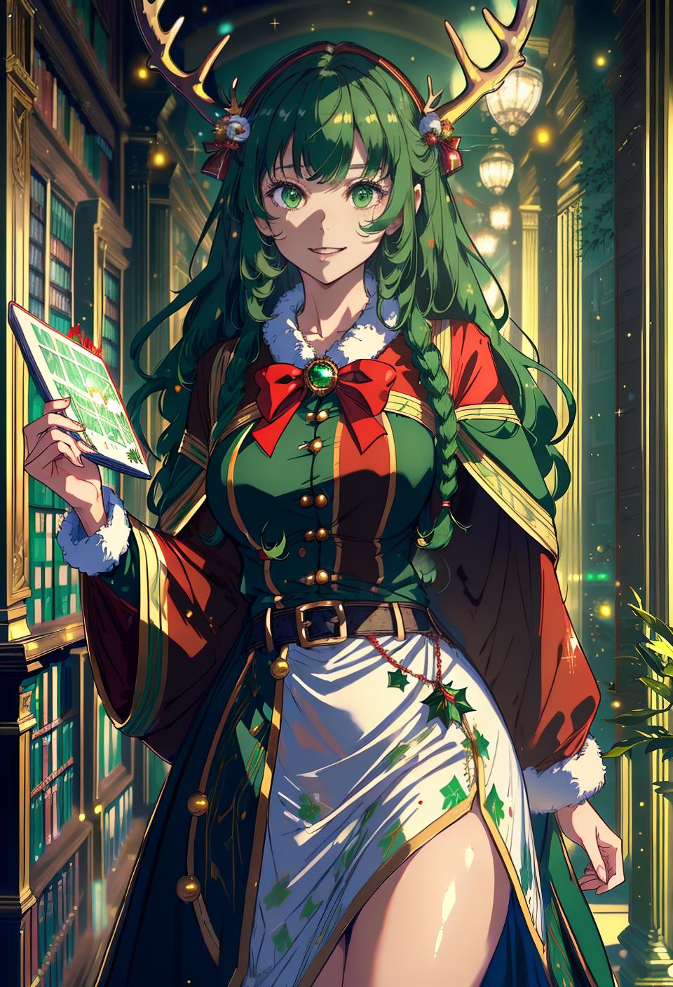  ((trending, highres, masterpiece, cinematic shot)), 1girl, mature, female Christmas outfit, large, library scene, very long curly blue hair, asymmetrical bangs, narrow green eyes, energetic personality, happy expression, antlers, tanned skin, magical, lucky