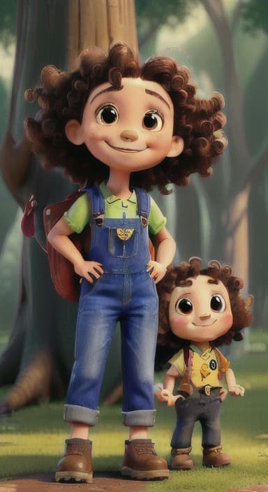  {The tree with a smiling face formed by its bark, looking down at Riley., Riley, a curious with big brown eyes and curly hair, wearing overalls and carrying a small backpack. Their friend, Skye, a bluebird with shiny feathers.