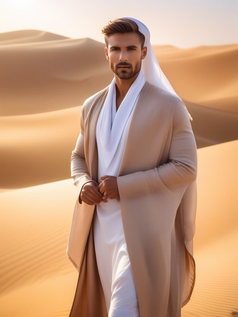  Half body portrait, handsome man tie a solid white casual Headscarf and casual men style standing on sand dunes in desert, look at to camera, cinematic lighting, stunningly beautiful, intricate, sharp focus, f/1. 8, 85mm, (professionally color graded), ((bright soft diffused light)), volumetric fog, trending on instagram, trending on tumblr, HDR 4K, 8K hyperrealistic, full body, detailed clothing, highly detailed, cinematic lighting, stunningly beautiful, intricate, sharp focus, f/1. 8, 85mm, (centered image composition), (professionally color graded), ((bright soft diffused light)), volumetric fog, trending on instagram, trending on tumblr, HDR 4K, 8K