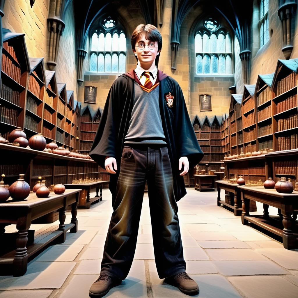  s in Harry Potter's Hogwarts  have visible bulbous s, magical wand in pants, real photography with naturalness and photo realism, wide-angle camera, and panoramic photography.