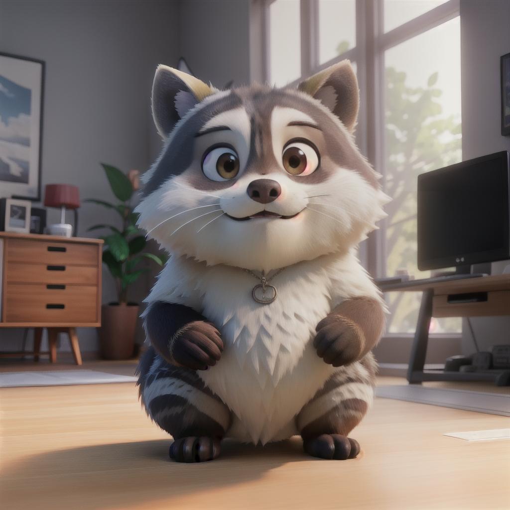  raccoon sitting in gaming chair front a computer on desktop, ((semi anthropomorphic)),(full body), tail, belly, sitting, fat, (chubby), (((white background))), solo, desktop, gaming chair, side view,  [[[clothes]]] hyperrealistic, full body, detailed clothing, highly detailed, cinematic lighting, stunningly beautiful, intricate, sharp focus, f/1. 8, 85mm, (centered image composition), (professionally color graded), ((bright soft diffused light)), volumetric fog, trending on instagram, trending on tumblr, HDR 4K, 8K