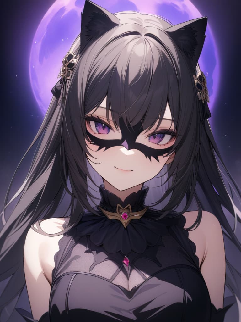  ultra detailed:1.2,masterpiece:1.2,best quality,masterpiece,bestquality,hdr:1.1,8k:1.1,very cute girl:1.3:upper body:1.5,(large,cat masquerade,large mask:1.4),(black gown:1.3),black lip:1.2,purple moon:1.4,star night:1.4,seductive smile:1.8,face focus:1.4, masterpiece, best quality,8k,ultra detailed,high resolution,an extremely delicate and beautiful,hyper detail