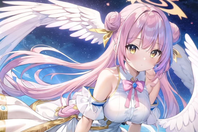  master piece , best quality,1girl, mika (blue archive), pink hair, yellow eyes, long hair, halo, angel wings, blunt bangs, white dress, capelet, blue bow, single hair bun、巨乳、魅惑の谷間