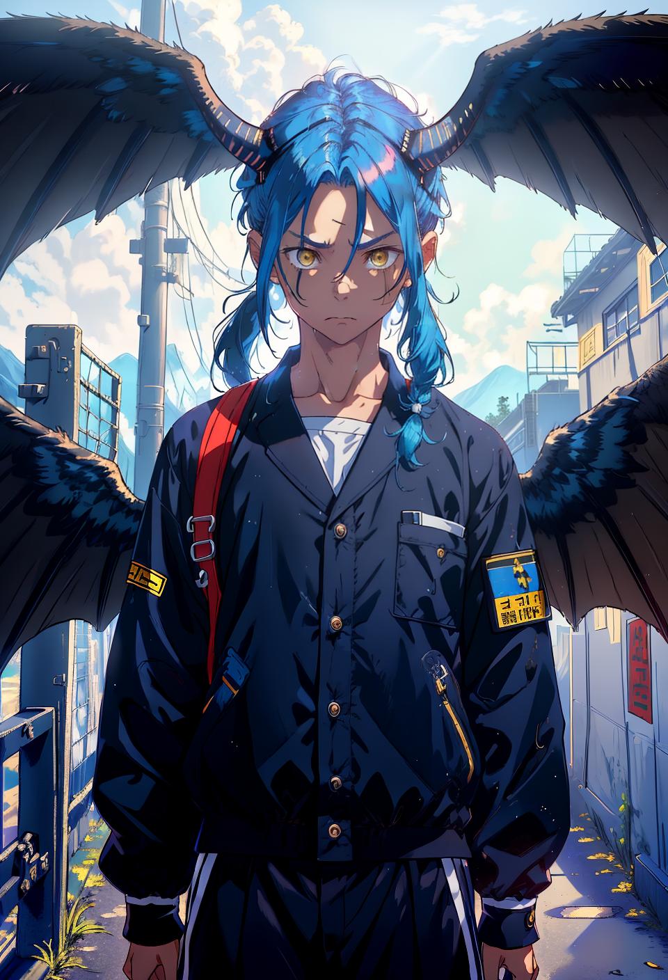  ((trending, highres, masterpiece, cinematic shot)), 1boy, young, male prison uniform, hiking scene, very long straight blue hair, short ponytail, large yellow eyes, naive personality, worried expression, horns, wings, tanned skin, chaotic, lucky