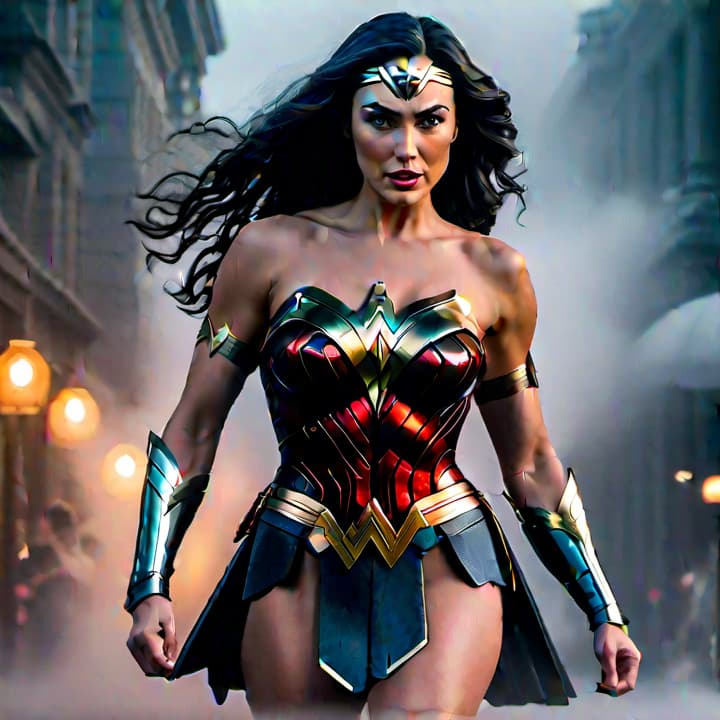  Wonder Woman is dancing hyperrealistic, full body, detailed clothing, highly detailed, cinematic lighting, stunningly beautiful, intricate, sharp focus, f/1. 8, 85mm, (centered image composition), (professionally color graded), ((bright soft diffused light)), volumetric fog, trending on instagram, trending on tumblr, HDR 4K, 8K