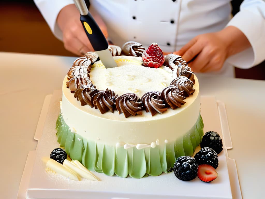  A closeup, highresolution image of a skilled pastry chef meticulously piping intricate details on a delicate and elegant cake. The chef's hands, adorned with professional baking tools, are focused and precise as they artfully decorate the dessert with precision and expertise. The background is softly blurred, emphasizing the chef's craftsmanship and the beauty of the finished confection. hyperrealistic, full body, detailed clothing, highly detailed, cinematic lighting, stunningly beautiful, intricate, sharp focus, f/1. 8, 85mm, (centered image composition), (professionally color graded), ((bright soft diffused light)), volumetric fog, trending on instagram, trending on tumblr, HDR 4K, 8K