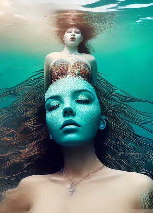 dublex style mermaid covered in jewellery, cinematic lighting, 64k, ultra realistic, underwater, ethereal, real