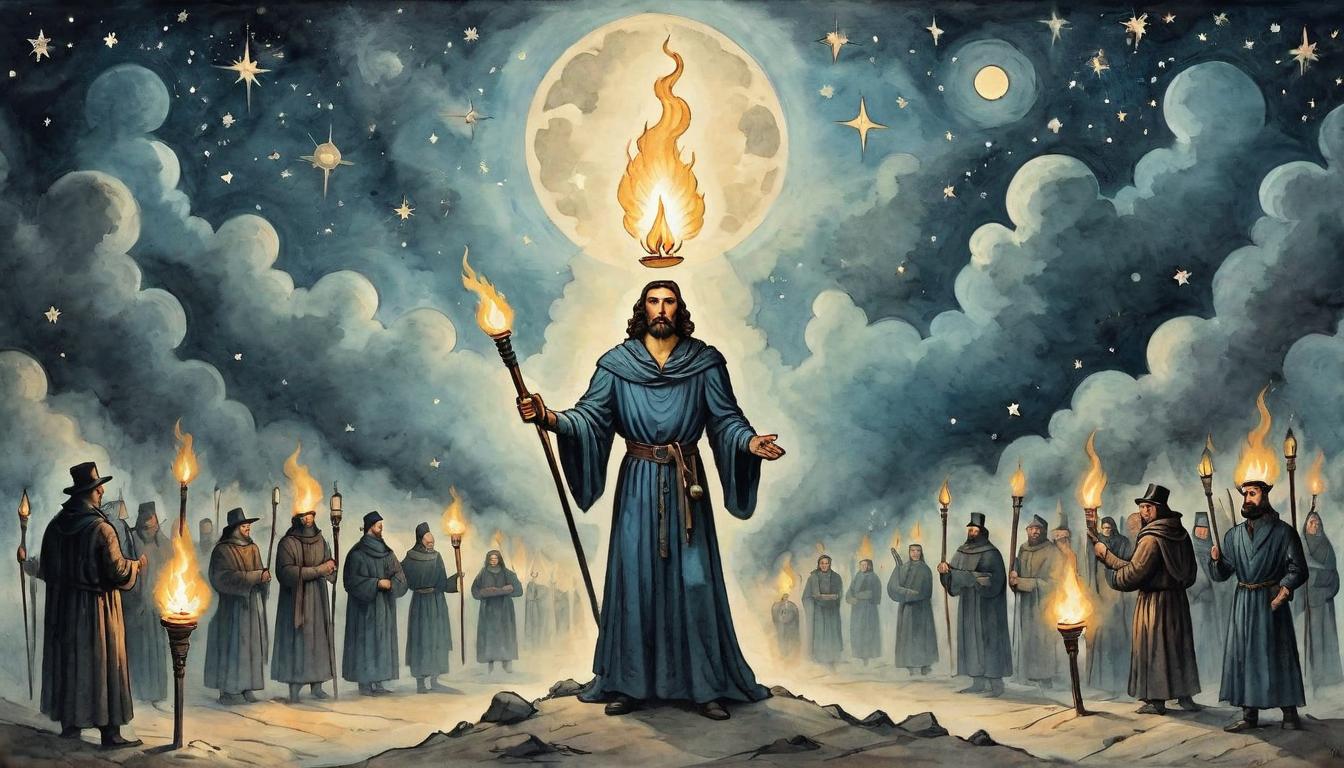  on parchment, surrealism+++, A figure holding a glowing torch high, surrounded by others with newly lit torches, night sky filled with stars, guiding, awakening(mysterious, provocative, symbolic,muted color)+++