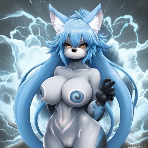  body art from lightning to envelop the whole body, kawaii anthropomorphic furry girl neko, naturist, with a magnificent bust, cute muzzle, disheveled bright blue hair, fluffy tail,full-length, HDR