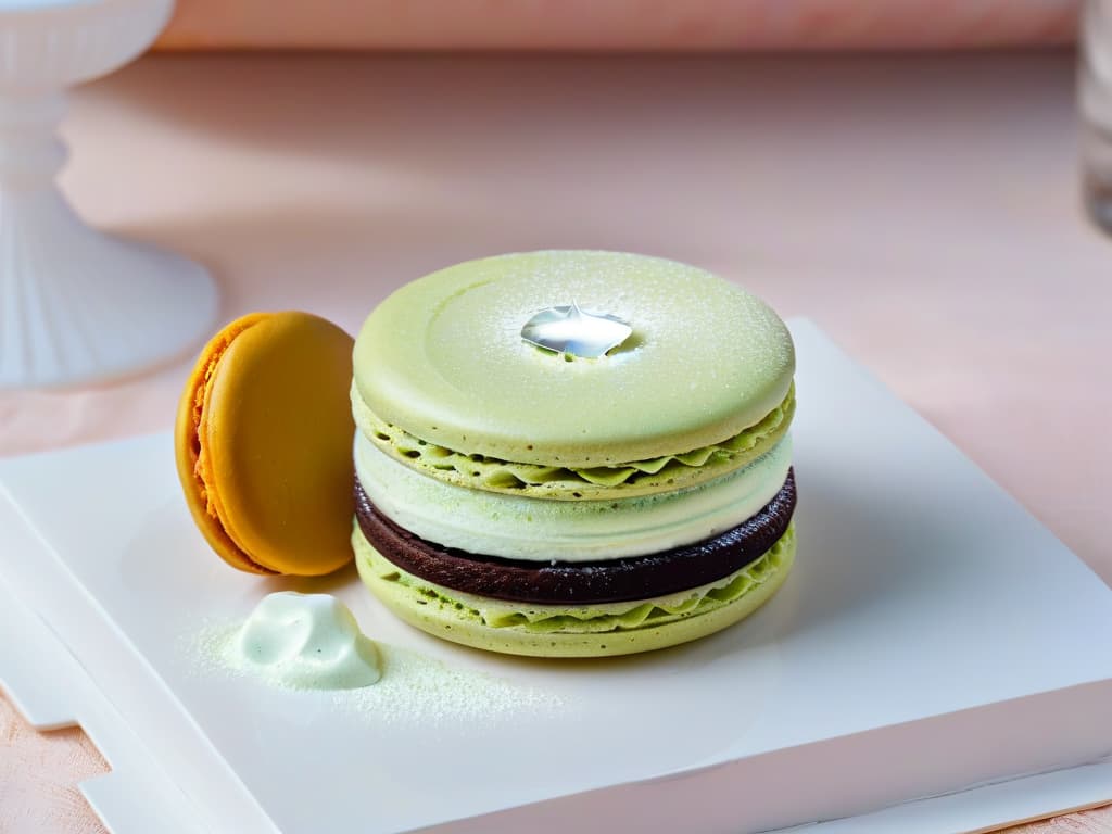  An ultradetailed closeup image of a delicate, perfectly crafted macaron with a crystalclear ganache filling infused with edible essential oils, showcasing intricate details of the smooth, glossy surface, capturing the play of light on its pastelcolored shell. The composition highlights the precision and artistry required in pastrymaking, with a minimalist backdrop that accentuates the elegance and sophistication of the dessert. hyperrealistic, full body, detailed clothing, highly detailed, cinematic lighting, stunningly beautiful, intricate, sharp focus, f/1. 8, 85mm, (centered image composition), (professionally color graded), ((bright soft diffused light)), volumetric fog, trending on instagram, trending on tumblr, HDR 4K, 8K