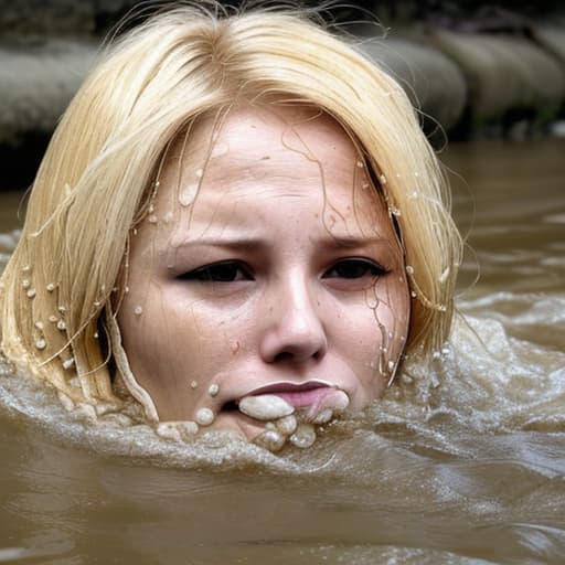  woman's face with blonde hair drowning in the river