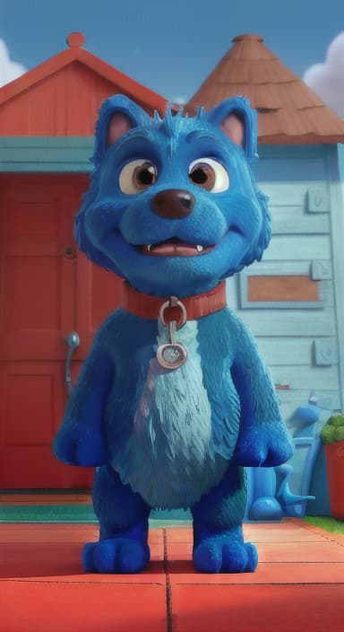  {Max the big blue dog standing in front of a cozy little house with a red door, The big blue dog is large with sky blue fur, big round eyes, a black nose, and floppy ears.