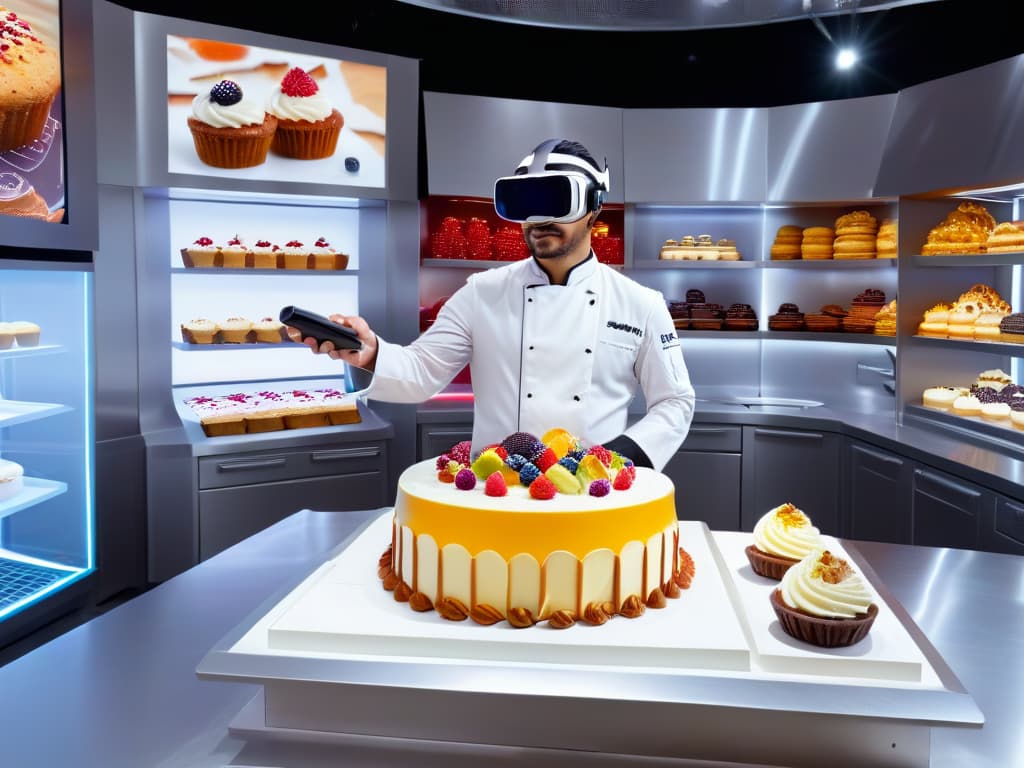  \nA photorealistic image of a professional pastry chef wearing a virtual reality headset, standing in a futuristic kitchen filled with holographic displays of intricate dessert designs. The chef is delicately crafting a lifelike virtual cake with digital tools, surrounded by virtual ingredients floating in the air, showcasing the fusion of traditional pastry artistry with cuttingedge virtual technology. hyperrealistic, full body, detailed clothing, highly detailed, cinematic lighting, stunningly beautiful, intricate, sharp focus, f/1. 8, 85mm, (centered image composition), (professionally color graded), ((bright soft diffused light)), volumetric fog, trending on instagram, trending on tumblr, HDR 4K, 8K