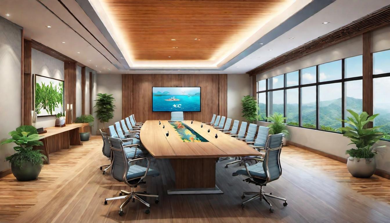  digital illustration A conference room where traditional healing symbols integrate into a modern corporate setting, blending worlds, engaging dialogue, symbols subtly present, environment professional yet welcoming, pioneering wellness, boardroom meets holistic health looking at viewer, dynamic pose, (intricate details, masterpiece, best quality)