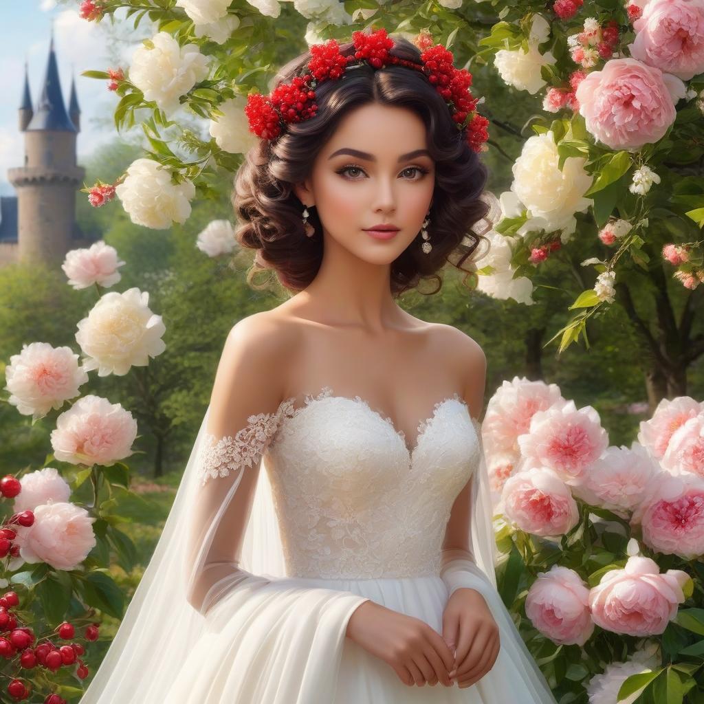  A masterpiece. Very beautiful girl with black curls gathered upwards. Beautiful hairstyle. White wedding fitted dress with lace. Elegance. Very beautiful dress. Brown eyes. Happy look. No pomp, just elegance. (Sparkling rim)): spring field, hyacinths, roses, rosehips, rose hips, peonies, cherry tree, yellow, red. Castle. Realism, rococo, surrealist abstraction. Alfonso Mucha, Honoré Fargonard. The Emerald Palace, the towers. Holobue sky. Golden spires, Gothic style. Fantasy, fairy tale. Poppy field in front of palace. Honoré Fargonard, Alfonso Mucha. Emerald stones, Green Alley. hyperrealistic, full body, detailed clothing, highly detailed, cinematic lighting, stunningly beautiful, intricate, sharp focus, f/1. 8, 85mm, (centered image composition), (professionally color graded), ((bright soft diffused light)), volumetric fog, trending on instagram, trending on tumblr, HDR 4K, 8K