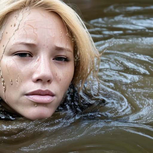  woman's face with blonde hair drowning in the river