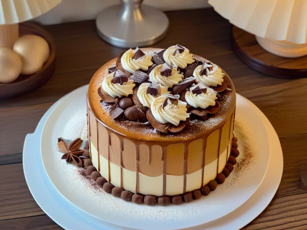  An ultradetailed, photorealistic image of a luxurious tiramisu cake on a pristine white porcelain plate, adorned with delicate cocoa powder dusting, elegant coffee beans, and a dollop of fresh mascarpone cream swirling on top. The dessert sits on a polished wooden table, with a soft, ambient light creating a warm, inviting atmosphere. Every texture, from the creamy mascarpone to the crumbled ladyfingers, is depicted with stunning clarity and depth, making viewers almost able to taste the rich flavors through the screen. hyperrealistic, full body, detailed clothing, highly detailed, cinematic lighting, stunningly beautiful, intricate, sharp focus, f/1. 8, 85mm, (centered image composition), (professionally color graded), ((bright soft diffused light)), volumetric fog, trending on instagram, trending on tumblr, HDR 4K, 8K