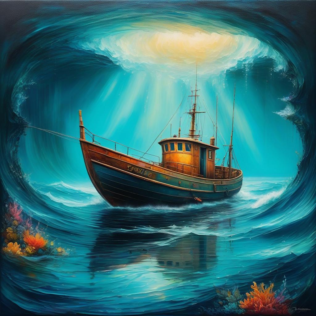  nautical themed Pop surrealism, fishing boat in the abyss of the sea, oil painting, highly detailed image with double exposure and overlay of textures and layers. Distant background. Gorgeous, saturated. A background of bright revolutionary tones: surrealist abstractionism. Use of the entire color palette. Subtle patterns of mysticism and magic. Stylistics: neorococo, fantasy abstraction, surrealism, mystery. High quality. . sea, ocean, ships, maritime, beach, marine life, highly detailed hyperrealistic, full body, detailed clothing, highly detailed, cinematic lighting, stunningly beautiful, intricate, sharp focus, f/1. 8, 85mm, (centered image composition), (professionally color graded), ((bright soft diffused light)), volumetric fog, trending on instagram, trending on tumblr, HDR 4K, 8K