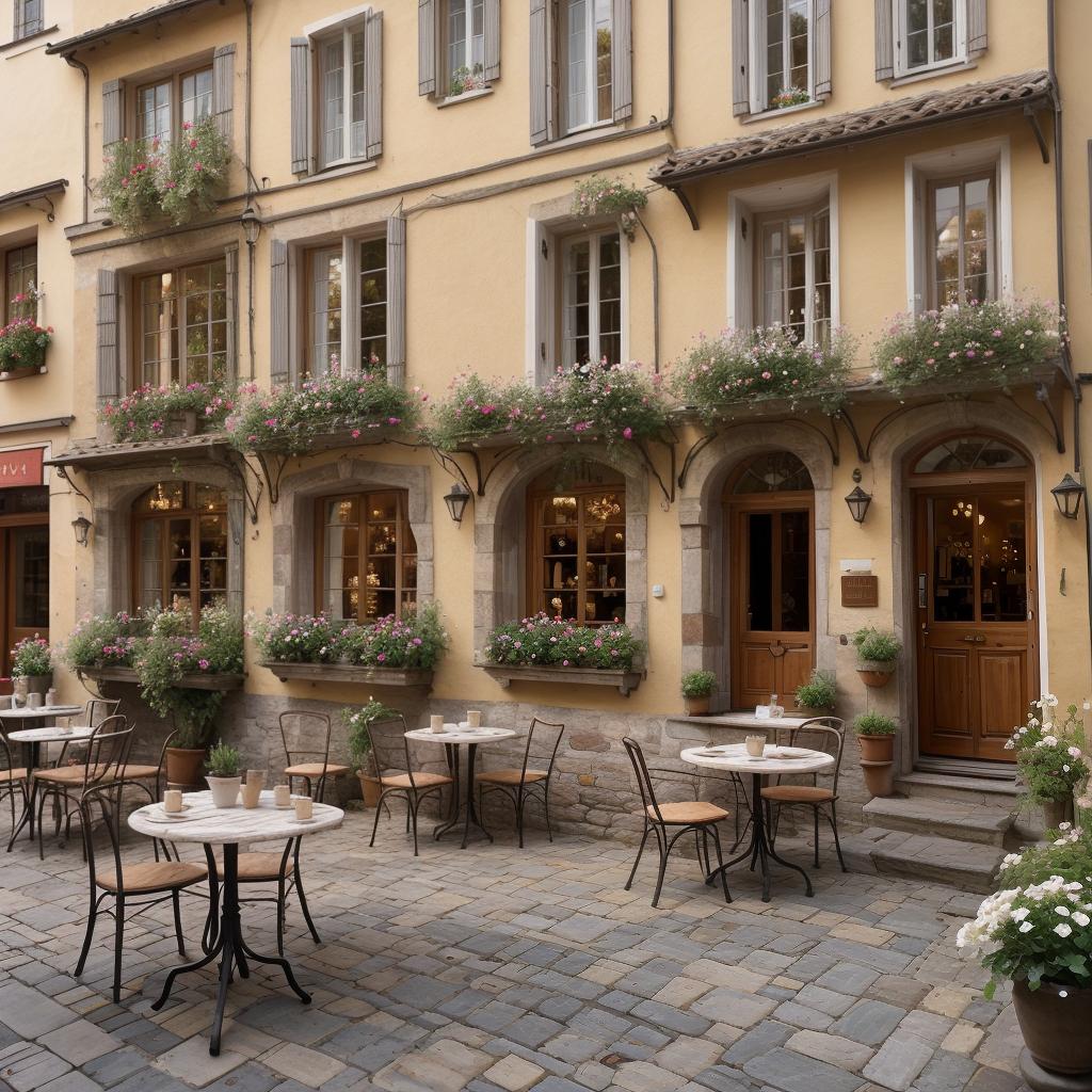  Ultra realistic image of a small café terrace in a quaint European village at morning. The café has a few wooden tables with red and white checkered tablecloths, freshly brewed coffee and croissants on the tables. Cobblestone streets and old, colorful buildings surround the café, with flowers in window boxes. The morning light casts a soft glow, enhancing the quiet and cozy atmosphere. All elements must be perfectly drawn and detailed