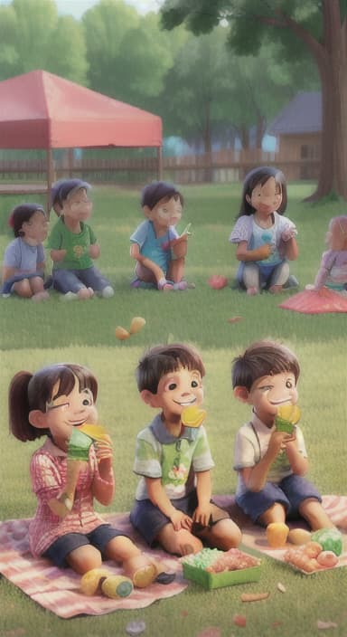  {Kids sitting around a picnic blanket, enjoying juice boxes and snacks., Children happily eating snacks, with crumbs on their faces and big smiles.