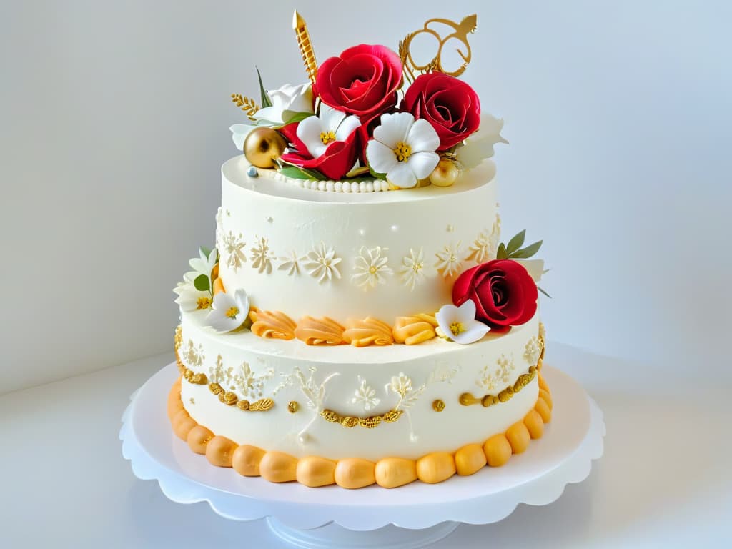  A closeup, ultradetailed image of a beautifully decorated threetiered cake with intricate piping designs, delicate sugar flowers, and shimmering edible gold accents. The cake stands on a pristine marble countertop, surrounded by an array of professional baking tools like piping bags, spatulas, and measuring spoons, all meticulously arranged. The vibrant colors of the frosting and decorations pop against the neutral backdrop, showcasing the artistry and skill involved in pastry creation. hyperrealistic, full body, detailed clothing, highly detailed, cinematic lighting, stunningly beautiful, intricate, sharp focus, f/1. 8, 85mm, (centered image composition), (professionally color graded), ((bright soft diffused light)), volumetric fog, trending on instagram, trending on tumblr, HDR 4K, 8K