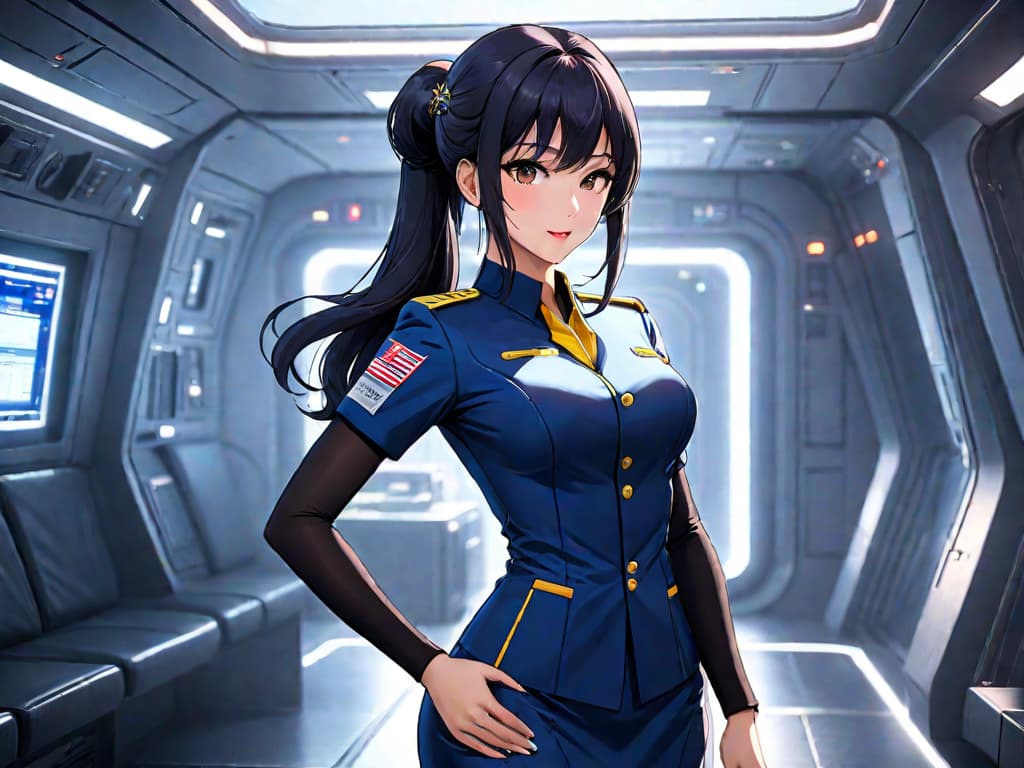  image: masterpiece, high quality, (professionally color graded), detailed clothing, highly detailed, cinematic lighting, stunningly beautiful, 1: beautiful asian, slim waist, slim build, 2 huge fake s, normal hips, medium sized round , fit, tanned, long dark neon hair, costume: outer space flight attendant uniform, location: luxurious lounge in a recreational space station, view: dynanic view, pose: hey ;)