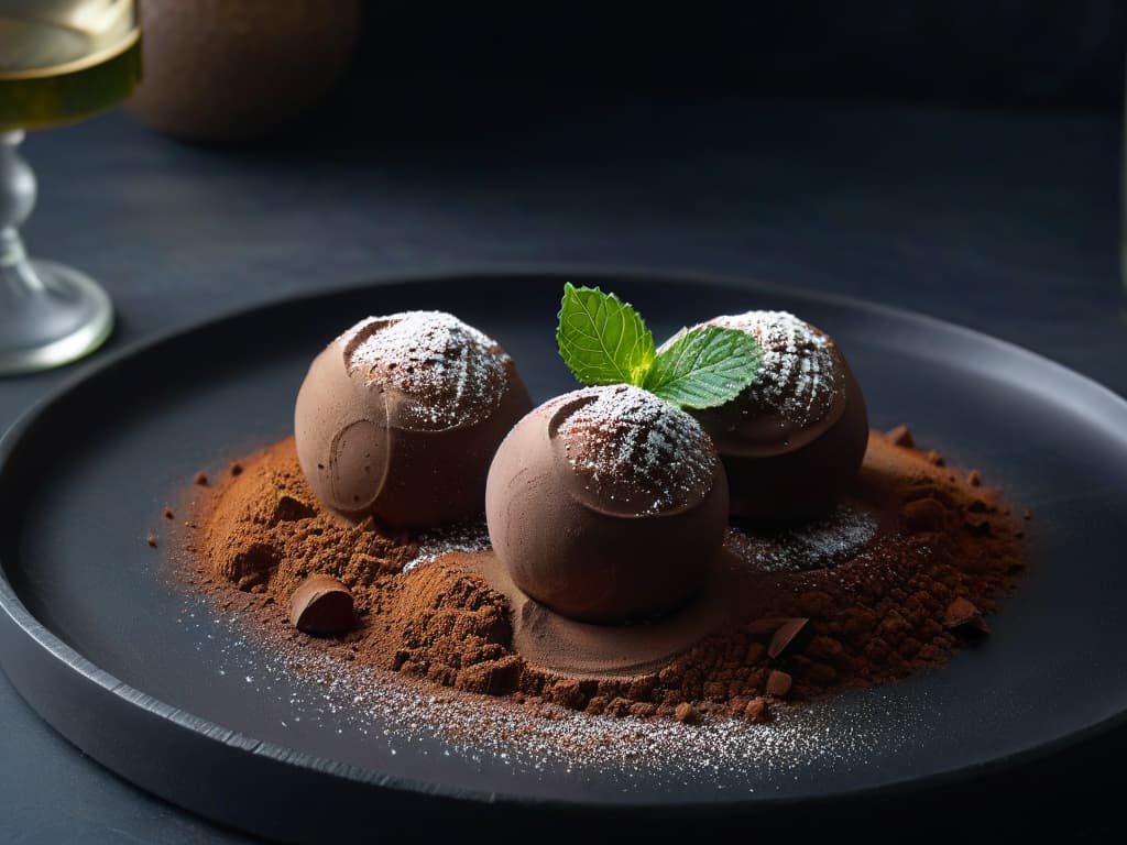  A closeup, ultradetailed image of a delicate, handcrafted chocolate truffle dusted with a fine, iridescent powder of ashwagandha, placed on a sleek, matte black plate. The truffle is elegantly garnished with a single, vibrant green mint leaf, casting a subtle shadow against the dark background. The texture of the chocolate appears velvety and rich, with the ashwagandha powder delicately clinging to its surface, creating a visually striking contrast. hyperrealistic, full body, detailed clothing, highly detailed, cinematic lighting, stunningly beautiful, intricate, sharp focus, f/1. 8, 85mm, (centered image composition), (professionally color graded), ((bright soft diffused light)), volumetric fog, trending on instagram, trending on tumblr, HDR 4K, 8K