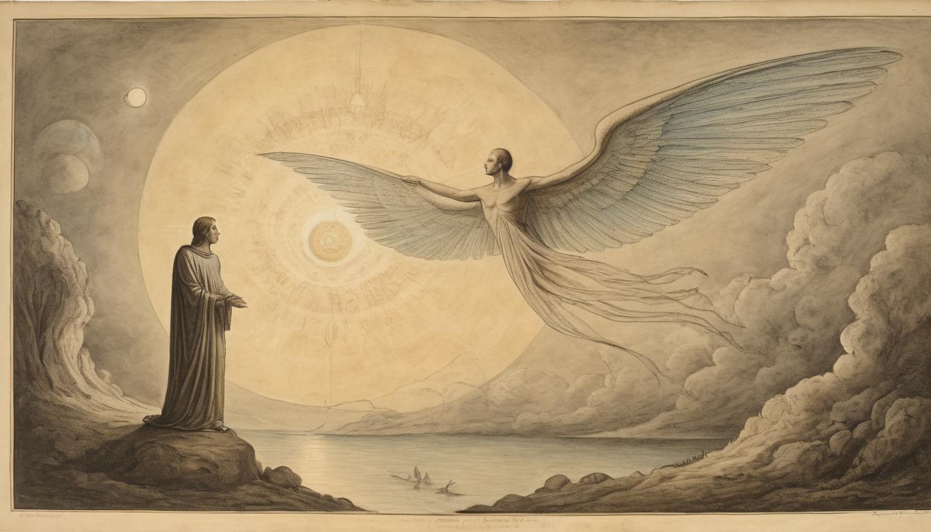  on parchment, surrealism++, human figure glowing with a divine aura, ethereal wings slightly visible, holds a guiding light, reptilian figure in the background observing, celestial atmosphere, otherworldly, aspirational(mysterious, provocative, symbolic)++