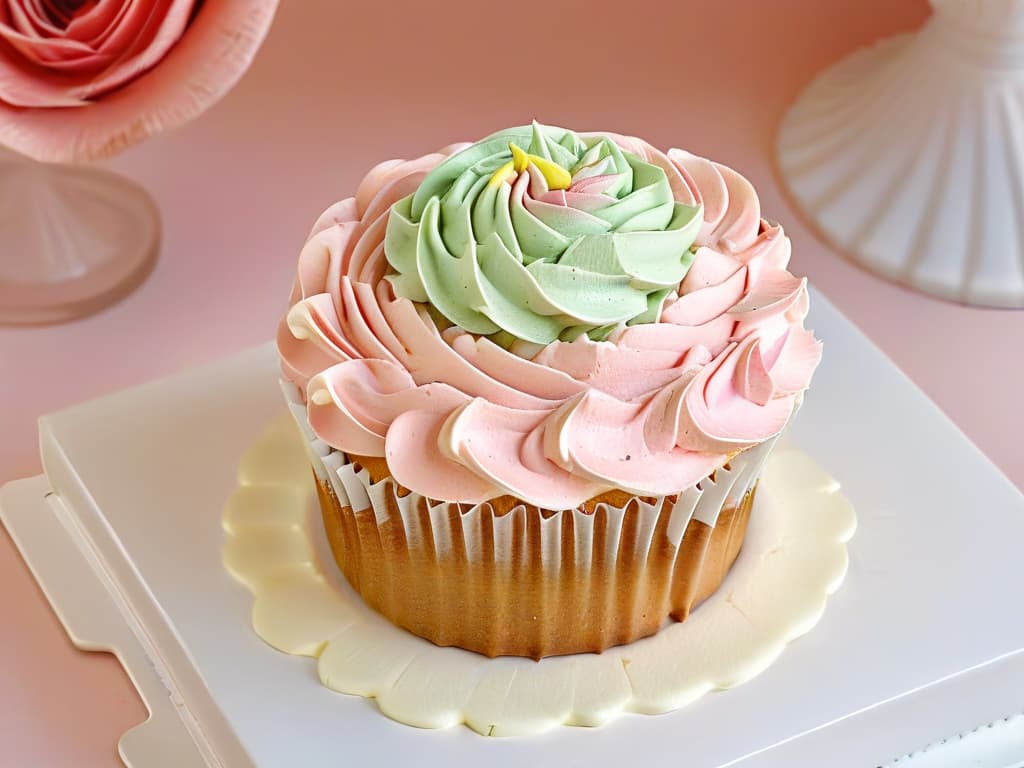  An ultradetailed closeup image of a chef's hands meticulously piping delicate swirls of pastelcolored buttercream onto a perfectly baked cupcake. The focus is on the intricate details of the piping tip creating precise patterns on the smooth surface of the cupcake, showcasing the artistry and precision involved in pastry decoration. The colors are soft and harmonious, emphasizing the elegance and skill required in the integration of applications in the pastrymaking process. hyperrealistic, full body, detailed clothing, highly detailed, cinematic lighting, stunningly beautiful, intricate, sharp focus, f/1. 8, 85mm, (centered image composition), (professionally color graded), ((bright soft diffused light)), volumetric fog, trending on instagram, trending on tumblr, HDR 4K, 8K